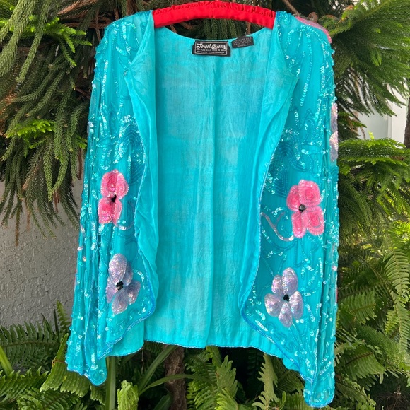 Turquoise Pink 100% Silk Floral Sequin Short Jacket | Hand Embroidered | Small - Picture 5 of 16